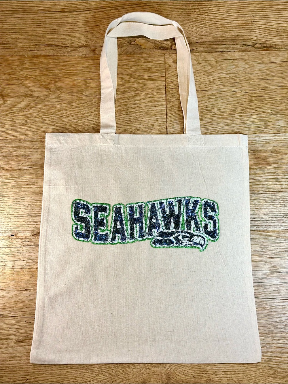 Sequence Seahawks Glittering Natural Canvas Tote Bag with Green and Blue Logo